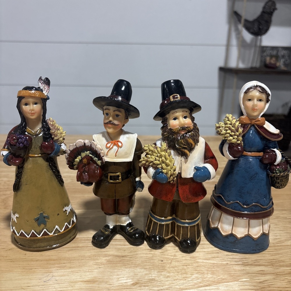 Native American Pilgrim Figurines, Set Of 4, Thanksgiving Table Decor